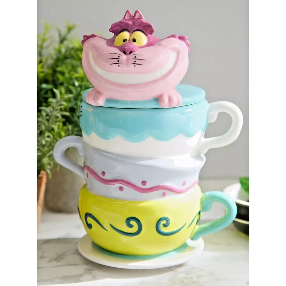 Disney Alice in Wonderland Cheshire Cat Cookie Jar Stacked Teacups NEW NWT